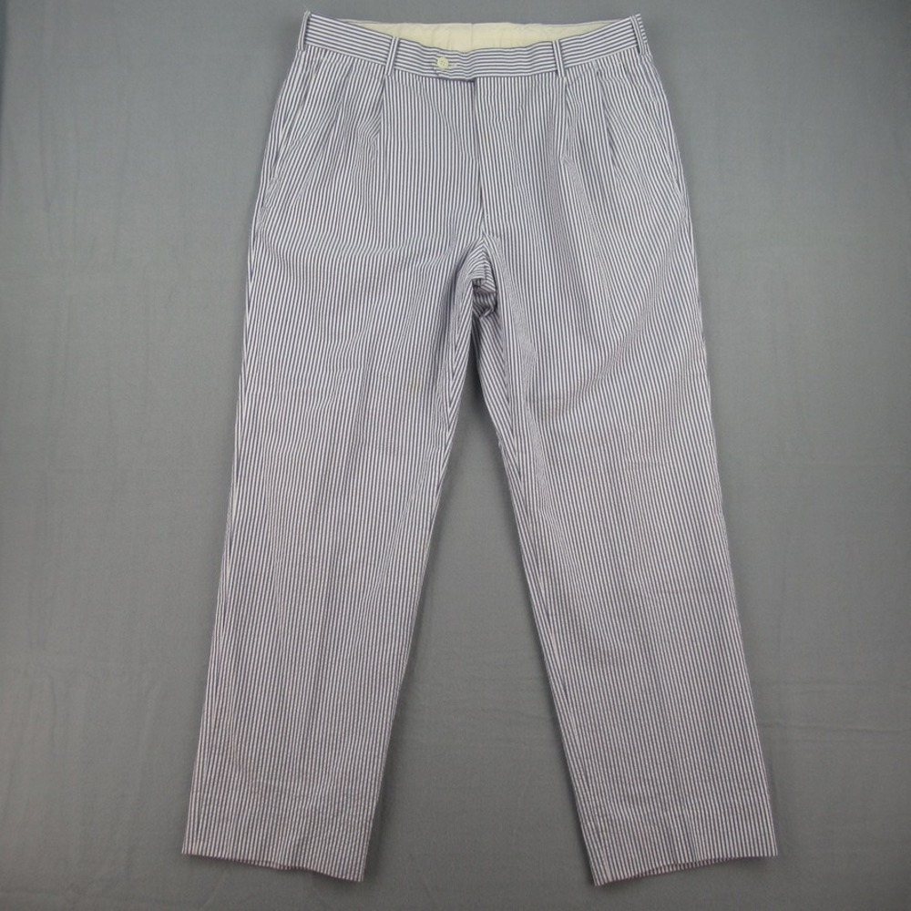 Brooks Brothers Madison Pants Mens 36 Blue Seacrest Seersucker Pleated Striped